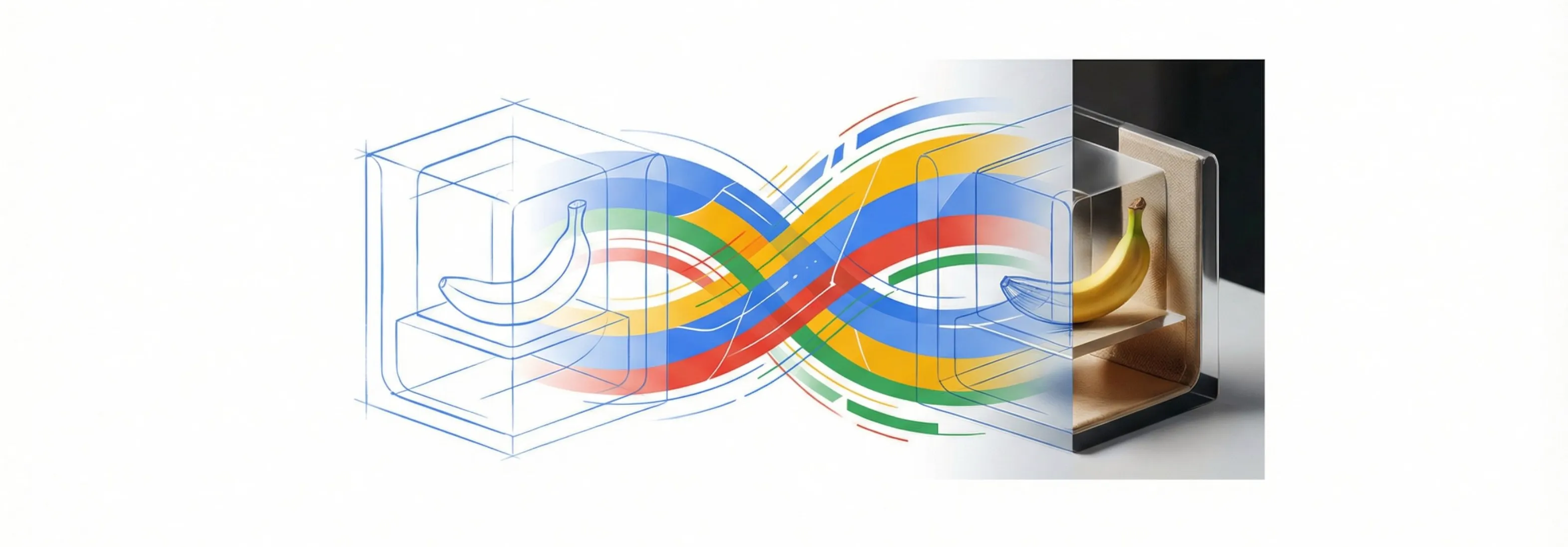 A conceptual split-view illustration showing a hand-drawn blueprint banana transforming into a realistic 3D banana through colorful flowing Google-style ribbons, symbolizing AI processing and visual generation.