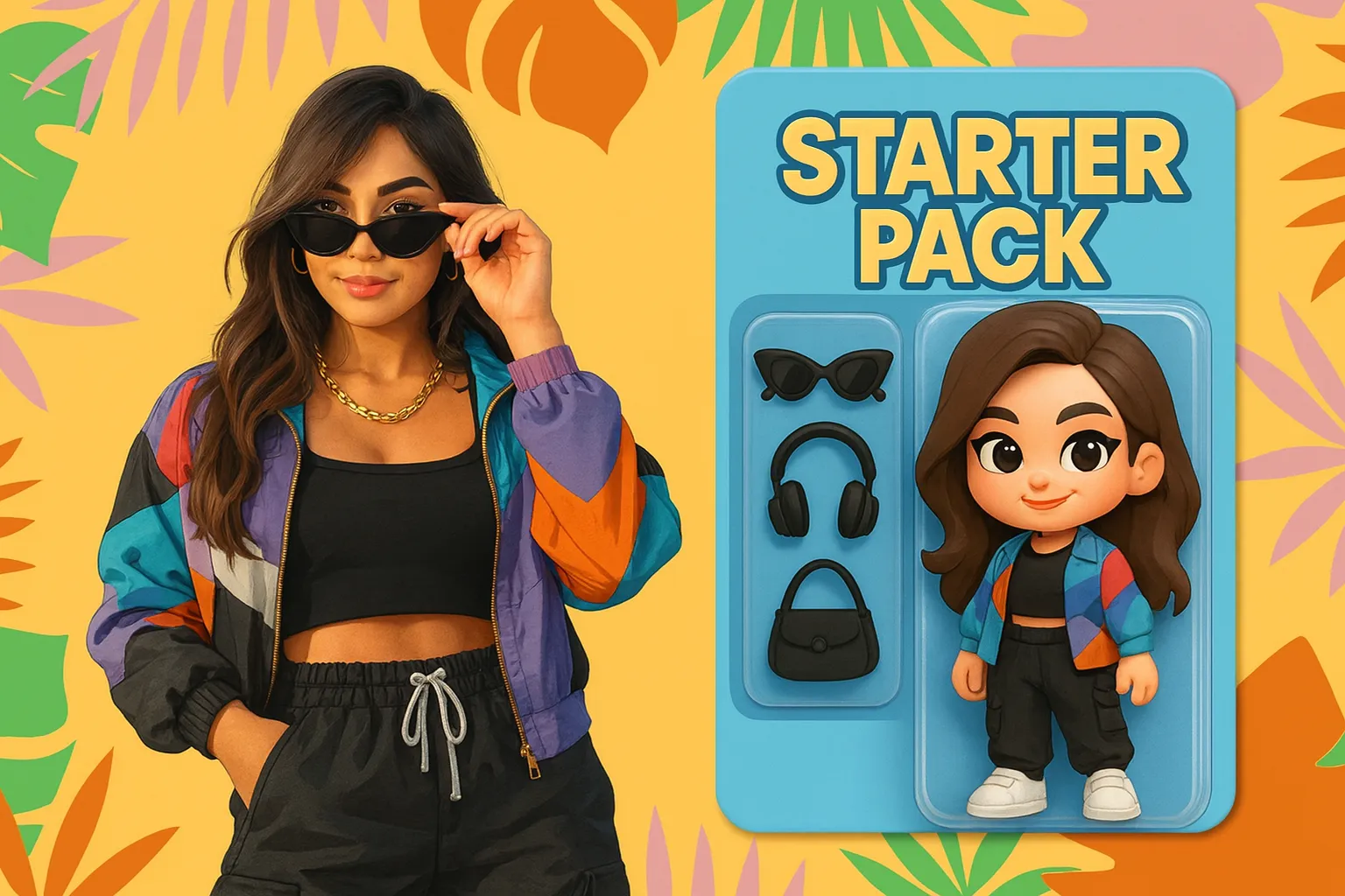 AI Starter Pack action figure showing a real person next to her toy-style figure in blister packaging with accessories