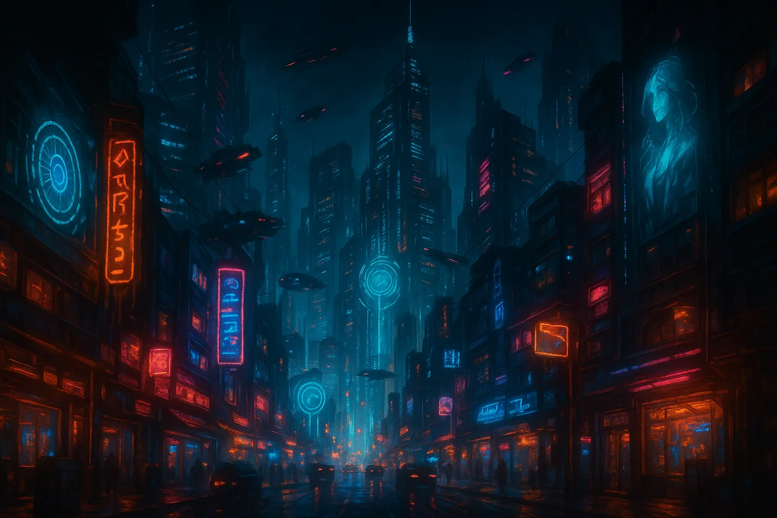 Futuristic sci-fi cityscape generated by AI Text to Image with neon lights and holographic details