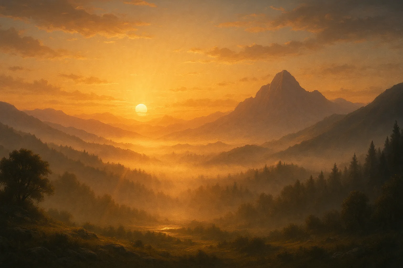 Natural landscape created from text using AI Text to Image generator, featuring sunrise over mountains and detailed atmosphere