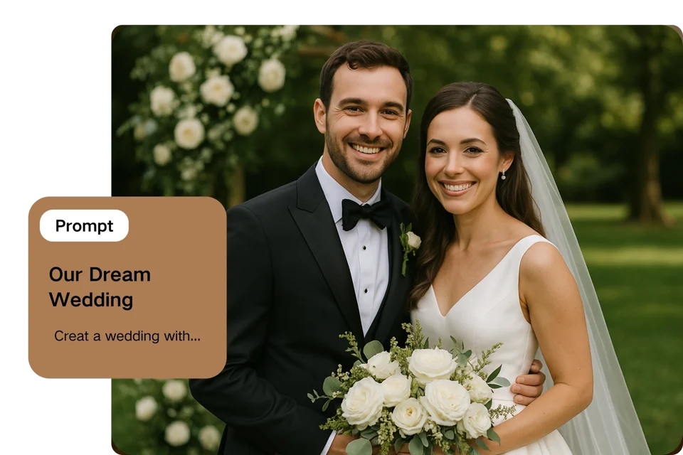 Wedding AI Photo Generator – classic bridal portrait in an ivory lace gown with floral archway