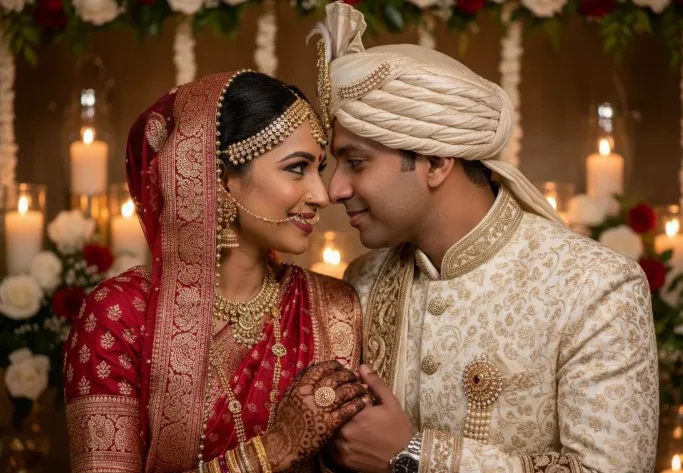 Indian Wedding AI Photo Generator – traditional bridal portrait in a red lehenga with gold jewelry and mandap backdrop