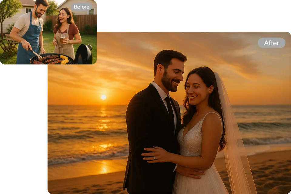 Best AI Wedding Photo Generator – couple exchanging vows on a beach at golden hour with soft pastel lighting