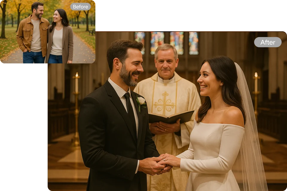 Createimg Wedding AI Photo Generator – fairytale chapel wedding portrait with stained-glass light and candlelit aisle